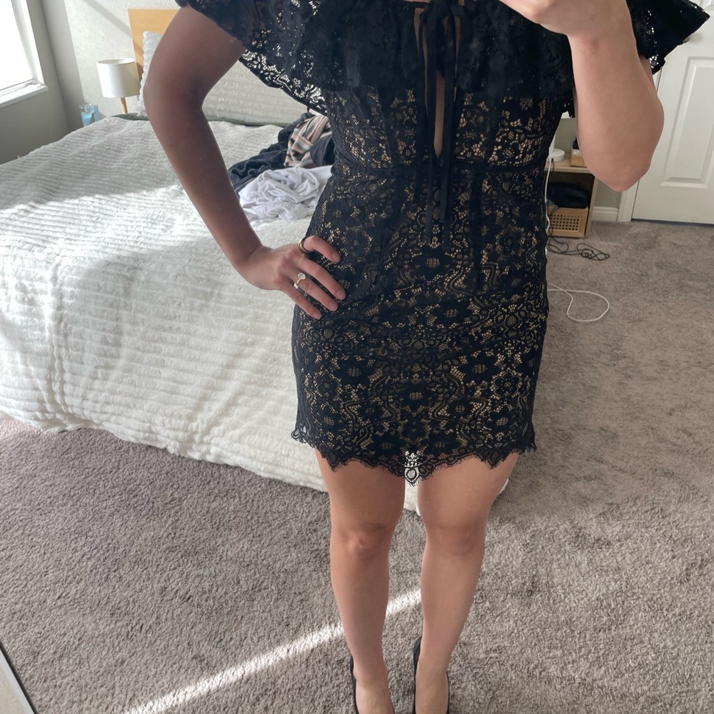 For Love And Lemons Black and Gold Lace Mini Dress
